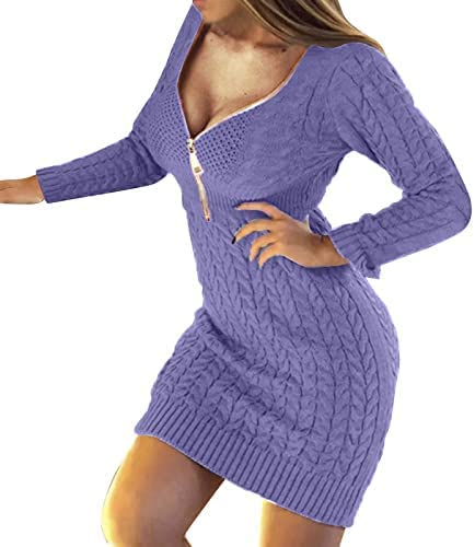 Yeehliny Strickkleid Damen V-Ausschnitt Pulloverkleid Elegant Langarm Einfarbige Strick Twist Pullover Kleid Causual Warme Minikleid Winterkleid Strickkleider Sweater Kleid mit Reißverschluss von Yeehliny