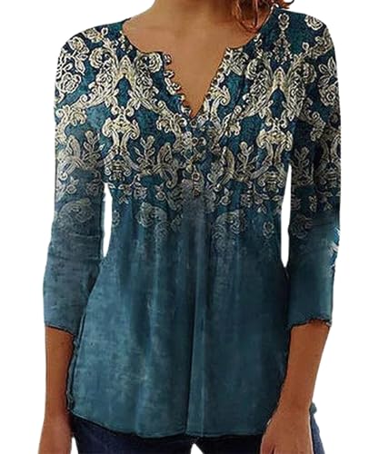 Yeenily Damen 3/4 Ärmel T-Shirt V-Ausschnitt Plissiert Knopfleiste Blusentop Herbst Lässige Tops Lose Bluse(Blau,M) von Yeenily