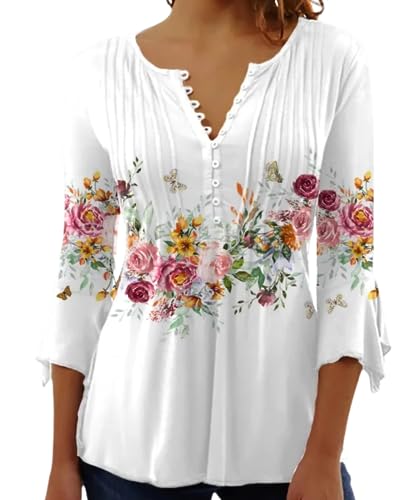 Yeenily Damen 3/4 Ärmel T-Shirt V-Ausschnitt Plissiert Knopfleiste Blusentop Herbst Lässige Tops Lose Bluse(Weiß,XL) von Yeenily