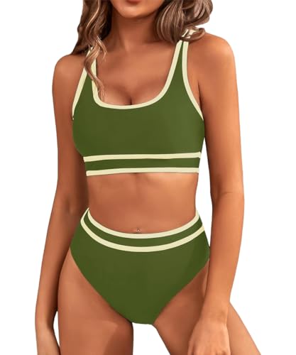 Yeenily Damen Badeanzug Zweiteiler Sport Bikini Set Sexy High Waist Bademode Triangel Bustier Push Up Strand Tankini Bauchweg Brazilian Swimsuit (Grasgrün, XL) von Yeenily