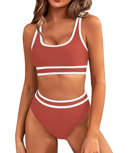 Yeenily Damen Badeanzug Zweiteiler Sport Bikini Set Sexy High Waist Bademode Triangel Bustier Push Up Strand Tankini Bauchweg Brazilian Swimsuit (Jujube Rot, L) von Yeenily