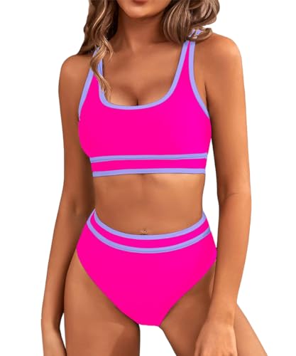 Yeenily Damen Badeanzug Zweiteiler Sport Bikini Set Sexy High Waist Bademode Triangel Bustier Push Up Strand Tankini Bauchweg Brazilian Swimsuit (Rosenrot, L) von Yeenily