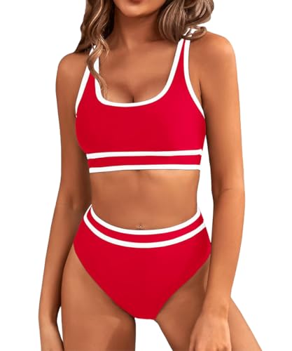 Yeenily Damen Badeanzug Zweiteiler Sport Bikini Set Sexy High Waist Bademode Triangel Bustier Push Up Strand Tankini Bauchweg Brazilian Swimsuit (Rot, L) von Yeenily