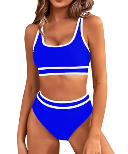 Yeenily Damen Badeanzug Zweiteiler Sport Bikini Set Sexy High Waist Bademode Triangel Bustier Push Up Strand Tankini Bauchweg Brazilian Swimsuit (Saphirblau, M) von Yeenily