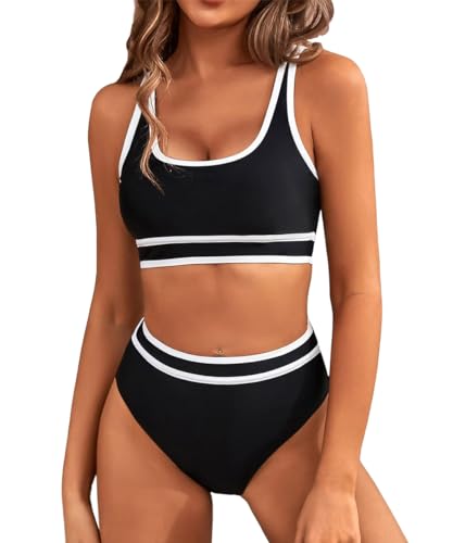 Yeenily Damen Badeanzug Zweiteiler Sport Bikini Set Sexy High Waist Bademode Triangel Bustier Push Up Strand Tankini Bauchweg Brazilian Swimsuit (Schwarz, L) von Yeenily