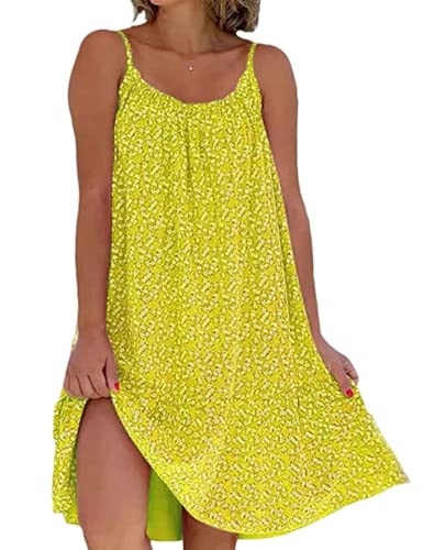Yeenily Damen Freizeitkleid Ärmelloses Kleid Floral Spaghetti-Träger Kurze Kleider Sommer Lässiges Strandkleid(Gelb,M) von Yeenily