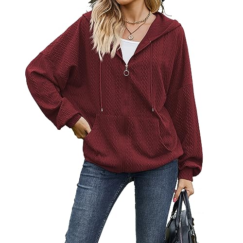 Yeenily Damen Kapuzenpullover Hoodie Langarm Mantel Sweatjacke mit Reißverschluss Oversize Basic Einfarbig Oberteile(L,Burgunderrot) von Yeenily