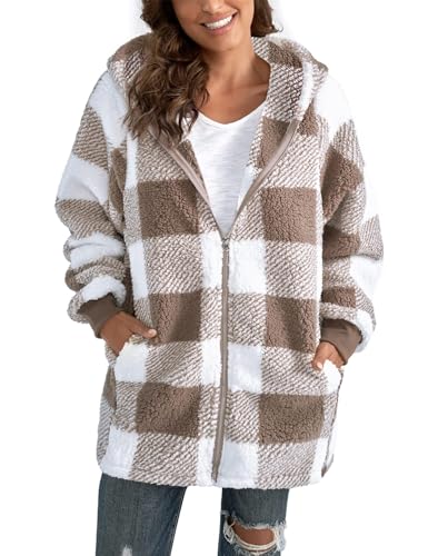 Yeenily Damen Mantel Kapuzenjacke Teddy Fleece Kariert Winterjacke Flauschig Plüschjacke Herbst Kapuzenpullover Reißverschluss Oberteile mit Taschen(Khaki,L) von Yeenily