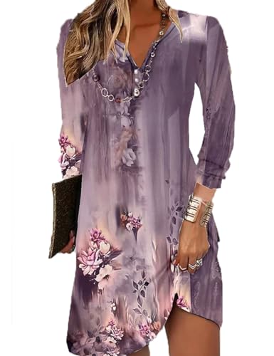 Yeenily Damen Langarm Rundhals Kleid Bohemian Blumenmuster Sommerkleider Lose MiniKleid Herbst Tunikakleider(Violett,S) von Yeenily