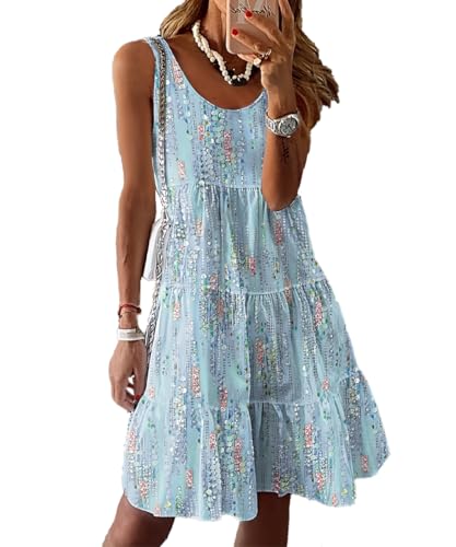 Yeenily Damen Sommerkleider Ärmellos Leichte Lässige Freizeitkleid Elegant Knielang Blumenkleid Sommer Mini Strandkleider (Blau, L) von Yeenily