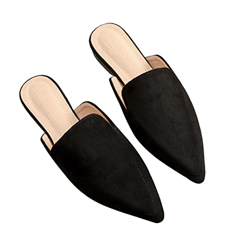 Yeeteepot Damen Flache Pantoletten Geschlossene Spitze Sandalen Rückenfrei Loafers Pointed Toe Mules Sommer Freizeit Urlaub Hausschuhe Schwarz 41 EU = 42 CN von Yeeteepot