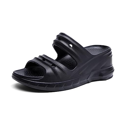 Yeeteepot Damen Plateau Sandalen Sommer Keilabsatz Hausschuhe Plattform Pantoletten Weiche Slip-On Sandaletten Wedges Dicken Schlappen Schwarz 39/40 EU = 40/41 CN von Yeeteepot