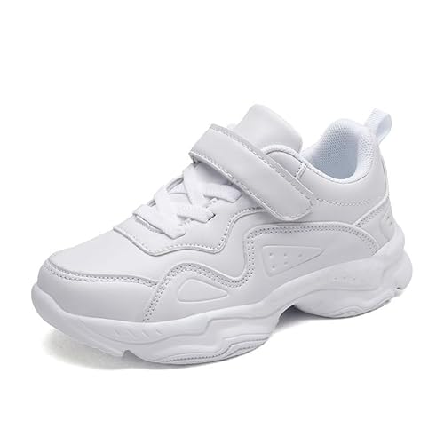 Yeeteepot Kinder Turnschuhe Jungen Mädchen Sportschuhe Laufschuhe Atmungsaktiv Hallenschuhe Klettverschluss Tennisschuhe Freizeit Sneaker, PU Weiß 25 EU = 26 CN von Yeeteepot