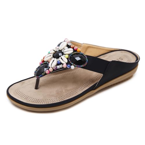 Yeeteepot Zehentrenner Damen Bohemian Flip Flops Sommer Flache Sandalen Badelatschen Strand Sandaletten Freizeit Zehenstegpantoletten Schwarz 36 EU = 37 CN von Yeeteepot