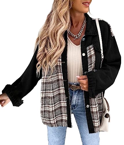 Yegirlzs Jeansjacke Damen Vintage Jeans Jacke Langarm Jean Mantel Kurze Jeansjacke Knopf Denim Jacken Leichte Jacken Mantel Outwear Vintage Streetwear A Schwarz XL von Yegirlzs