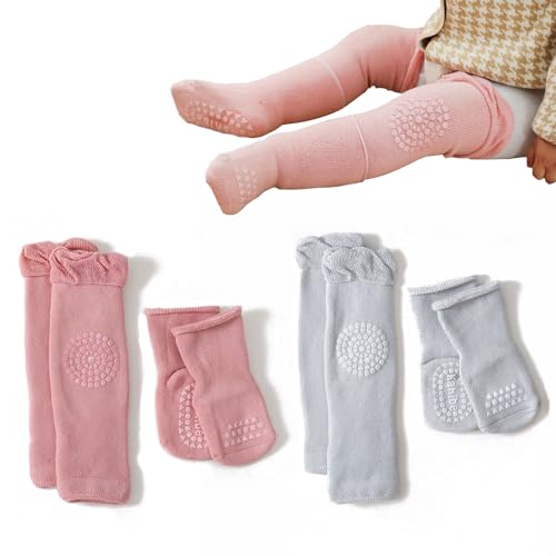 Yemlarey Knieschoner Baby Krabbeln Mädchen Jungen Rutschfeste Socken Winter Baumwolle Knieschutz Dicke Anti-rutsch Kleinkind Knieschützer Herbst Neugeborenen-Geschenkset (M(1-3Jahren), Rosa+Grau) von Yemlarey