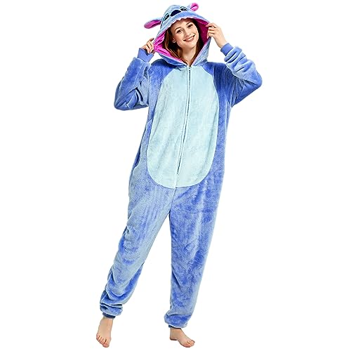 Yemnut Snug Fit Erwachsene Unisex Onesie Cosplay Kostüm, Einteiler Pyjama Halloween Homewear Anzug für Damen und Herren, Blau, Stitch, Large von Yemnut