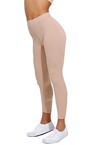 Yenita Leggings für Damen Ribbed Collection, Fitnesshose mit hohem Bund, Beige, Gr. M-L von Yenita