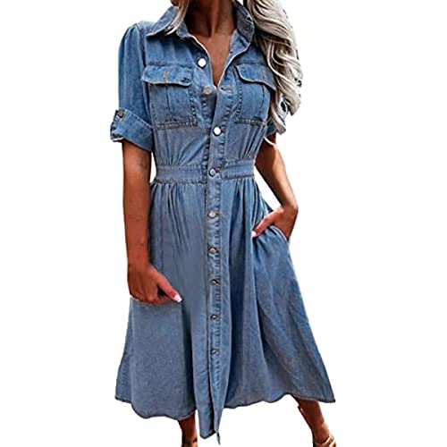 Damen Sommer Freizeit Kleid langärmlig mit Jeansstoff Knopfleiste hoher Taille A-Linie und Taschen Jeanskleid (A-Blau,M) von Yeooa