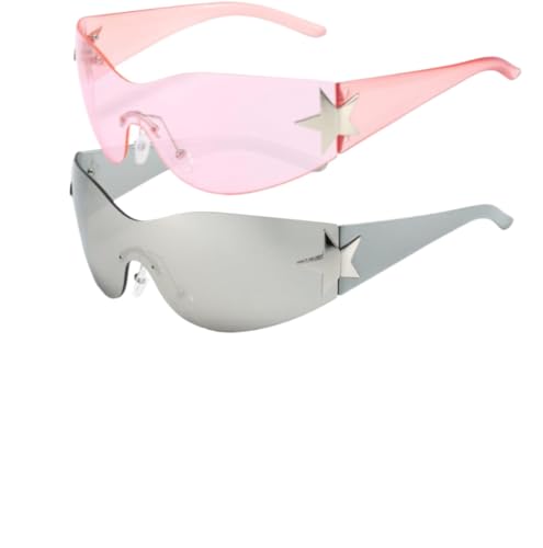 Yeooa 2 Paar Sonnenbrille Y2K Damenmode Pentagram Sonnenbrille Randlose Wrap Rund Reit aus Sonnenbrille Trendy Outdoor Sport Sonnenbrille (Eine Größe,Rosa-Grau) von Yeooa