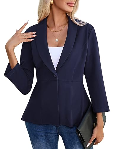 YesPerfect Damen Blazer 3/4 Arm Jacke Revers Blazer Sakko Rüschen Elegante Blazerjacke Knopfleisten Outwear Einfarbig Büro Bolero Jacke (Verpackung MEHRWEG), B-Dunkelblau, S von YesPerfect