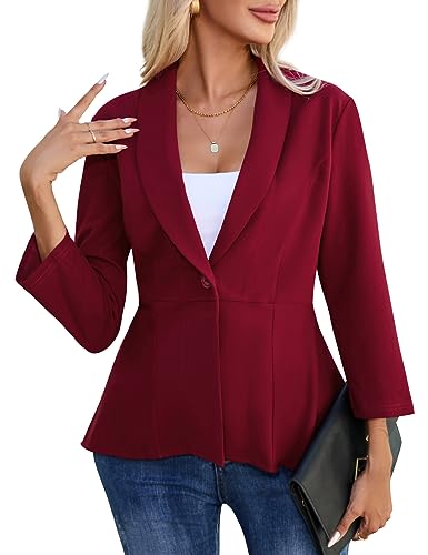 YesPerfect Damen Blazer 3/4 Arm Jacke Revers Blazer Sakko Rüschen Elegante Blazerjacke Knopfleisten Outwear Einfarbig Büro Bolero Jacke (Verpackung MEHRWEG), B-Weinrot, L von YesPerfect