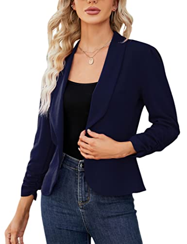 YesPerfect Damen Blazer 3/4 Arm Jacke Slim Fit Blazerjacke Elegant Outwear Revers Blazer Sakko mit Faltigen Ärmeln Einfarbig Bolero (Verpackung MEHRWEG), A-Dunkelblau, L von YesPerfect