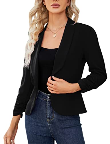 YesPerfect Damen Blazer 3/4 Arm Jacke Slim Fit Blazerjacke Elegant Outwear Revers Blazer Sakko mit Faltigen Ärmeln Einfarbig Bolero (Verpackung MEHRWEG), A-Schwarz, M von YesPerfect