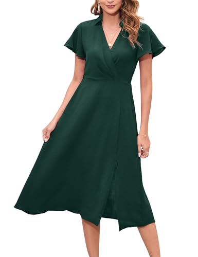 YesPerfect Damen Kleid Kurzarm Freizeitkleid V-Ausschnitt Midikleid Elegant Knielang Tunika Kleid A-Linie Split Stehkragenkleid, A-Dunkelgrün, M von YesPerfect