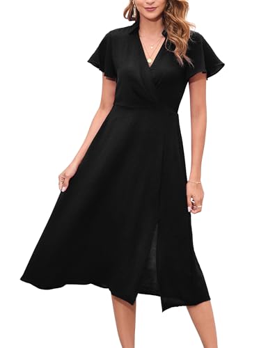 YesPerfect Damen Kleid Kurzarm Freizeitkleid V-Ausschnitt Midikleid Elegant Knielang Tunika Kleid A-Linie Split Stehkragenkleid, A-Schwarz, M von YesPerfect