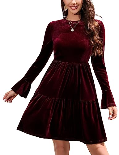 YesPerfect Damen Kleid Langarm Samtkleid Rundausschnitt Swing Kleid Knielang Hohe Taille Midikleid A-Linie Elegante Freizeitkleid (Verpackung MEHRWEG), A-Weinrot, M von YesPerfect