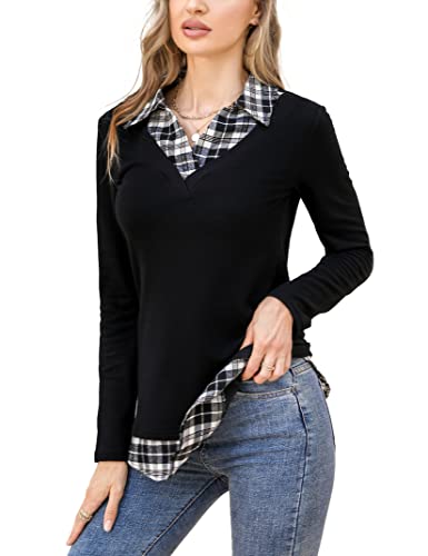 YesPerfect Damen Longbluse mit Hemdkragen Hemdbluse V-Ausschnitt Langarmshirt Einfarbig Kariertes Bluse Blusenshirt, A-Schwarz3, XXL von YesPerfect