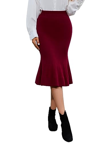 YesPerfect Damen Rock Elegant Midirock Stretch Rockabilly Röcke Casual Bodycon Freizeitrock（Verpackung MEHRWEG） Weinerot XL von YesPerfect