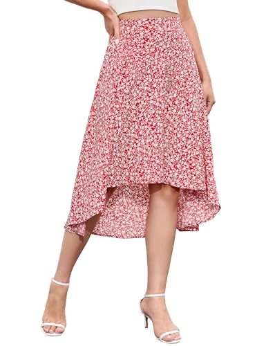 YesPerfect Damen Rock Hoher Taille Plisseerock A-Linie Faltenrock Floral Wickelrock Midirock Boho Blumenrock Sommerrock, B-Rot, XL von YesPerfect