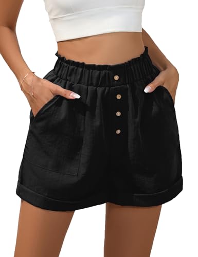 YesPerfect Damen Shorts mit Taschen Einfarbig Locker Kurze Hose High Waist Knopfleisten Breites Bein Shorts mit Elastischer Taille, Schwarz, L von YesPerfect