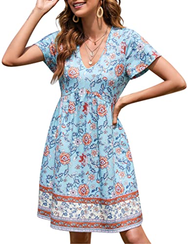 YesPerfect Damen Sommerkleid kurz Kleider Blumen Kleid Kurzarm Minikleid V-Ausschnitt A-Linie Kleid Boho Freizeitkleid Elegant Strandkleid (Verpackung MEHRWEG), B-Hellblau, XXL von YesPerfect