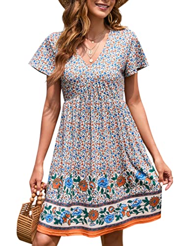 YesPerfect Damen Sommerkleid kurz Kleider Blumen Kleid Kurzarm Minikleid V-Ausschnitt A-Linie Kleid Boho Freizeitkleid Elegant Strandkleid (Verpackung MEHRWEG), B-Orange, M von YesPerfect