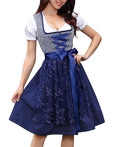 YesPerfect Dirndl Damen Trachtenkleid Kurz Set Dirndl-Komplettset Midi 3tlg. für Oktoberfest inkl. Kleid, Bluse, Schürze (Verpackung MEHRWEG), A-Dunkelblau, 40 von YesPerfect