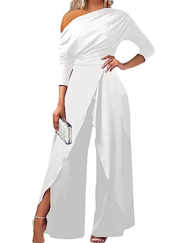 Yesgirl Damen Jumpsuit Elegant Langarm Playsuit Schulterfrei Lang Overall Hosenanzug Casual Lose Drucken Playsuit Hohe Taille Romper Sommer B Weiß M von Yesgirl