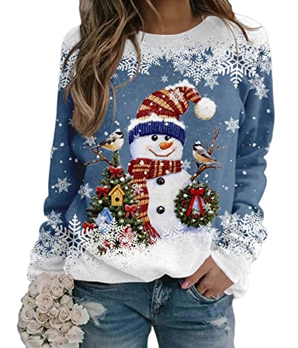 Yesgirl Tomwell Weihnachtspullover Damen Lustig Druck Christmas Sweatshirt Weihnachts Rundhals Pullover Schneemann Langarmshirt Xmas Pulli Oberteil Teenager Mädchen C Blau 3XL von Yesgirl