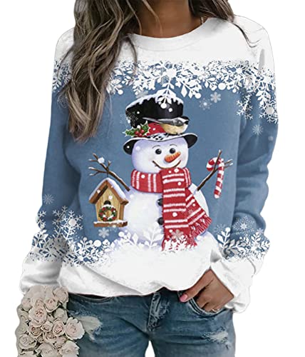 Yesgirl Weihnachtspullover Damen Lustig Druck Christmas Sweatshirt Weihnachts Rundhals Pullover Schneemann Langarmshirt Xmas Pulli Oberteil Teenager Mädchen A Blau L, XR221007LYL-DE02-A-Blu-L von Yesgirl