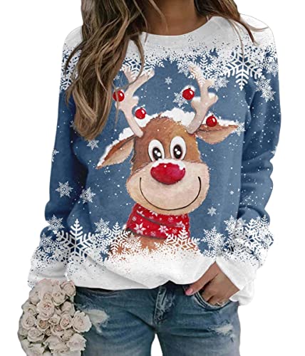 Yesgirl Tomwell Weihnachtspullover Damen Lustig Druck Christmas Sweatshirt Weihnachts Rundhals Pullover Schneemann Langarmshirt Xmas Pulli Oberteil Teenager Mädchen B Blau M von Yesgirl