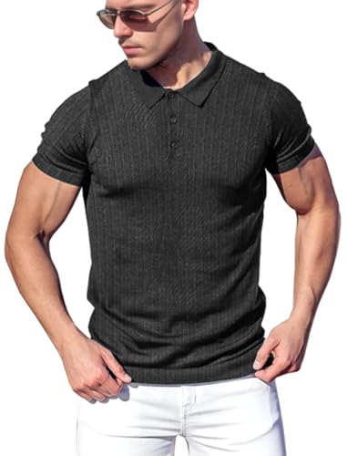 Yewloch Poloshirt Herren Langarm & Kurzarm Getäfelt T Shirts Männer Hemd T-Shirt，Männer Slim Fit Baumwolle Golf Casual Muskel T Shirt Schwarz, L von Yewloch