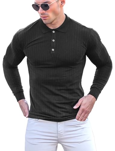 Yewloch Poloshirt Herren Langarm & Kurzarm Getäfelt T Shirts Männer Hemd T-Shirt，Männer Slim Fit Baumwolle Golf Casual Muskel T Shirt Schwarz, XL von Yewloch