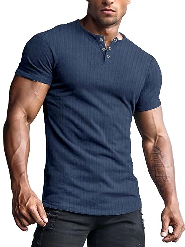 Yewloch Herren Longsleeve Muskel Henley Pullover,Slim Fit Kurzarm/Langarmshirts,Baumwolle Grandad Ausschnitt Henley Sweatshirt,Lässiges Geripptes Stretch Tops Herren Blau, XL von Yewloch