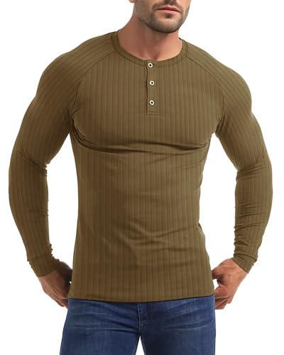 Yewloch Herren Longsleeve Muskel Henley Pullover,Slim Fit Kurzarm/Langarmshirts,Baumwolle Grandad Ausschnitt Henley Sweatshirt,Lässiges Geripptes Stretch Tops Herren Braun, 2XL von Yewloch