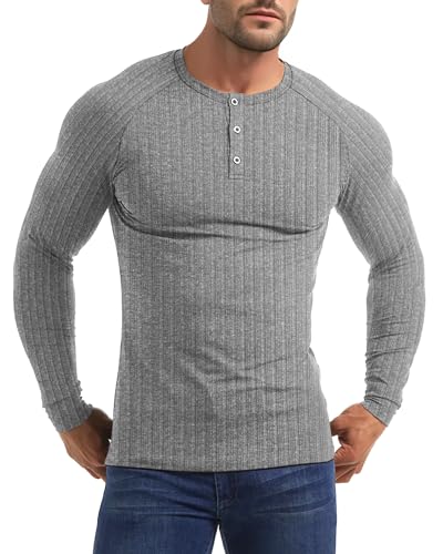 Yewloch Herren Longsleeve Muskel Henley Pullover,Slim Fit Kurzarm/Langarmshirts,Baumwolle Grandad Ausschnitt Henley Sweatshirt,Lässiges Geripptes Stretch Tops Herren Grau, L von Yewloch