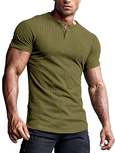 Yewloch Herren Longsleeve Muskel Henley Pullover,Slim Fit Kurzarm/Langarmshirts,Baumwolle Grandad Ausschnitt Henley Sweatshirt,Lässiges Geripptes Stretch Tops Herren Grün, XL von Yewloch