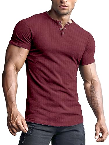 Yewloch Herren Longsleeve Muskel Henley Pullover,Slim Fit Kurzarm/Langarmshirts,Baumwolle Grandad Ausschnitt Henley Sweatshirt,Lässiges Geripptes Stretch Tops Herren Rot, XL von Yewloch