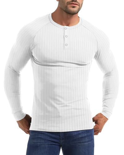 Yewloch Herren Longsleeve Muskel Henley Pullover,Slim Fit Kurzarm/Langarmshirts,Baumwolle Grandad Ausschnitt Henley Sweatshirt,Lässiges Geripptes Stretch Tops Herren Weiß, 2XL von Yewloch